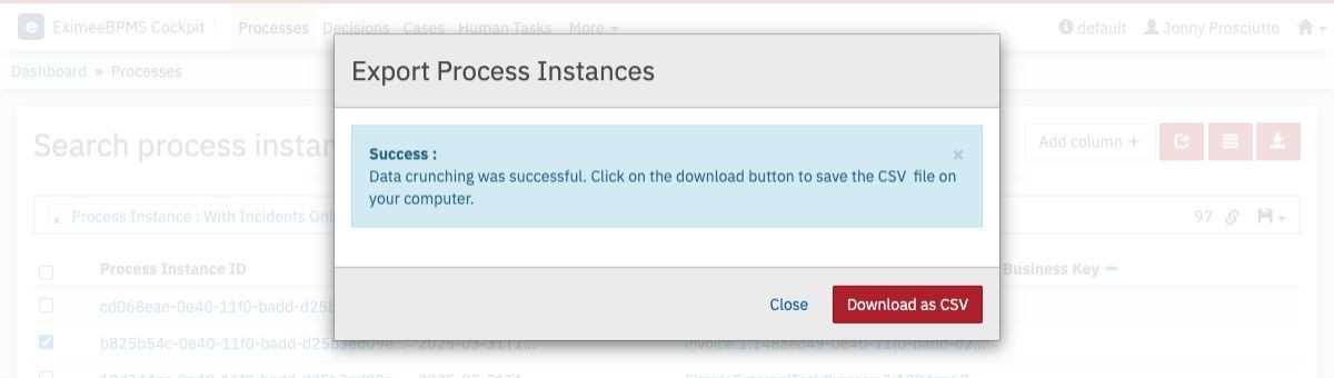 CSV Export for Process Instances: Modal Dialog – Download as CSV