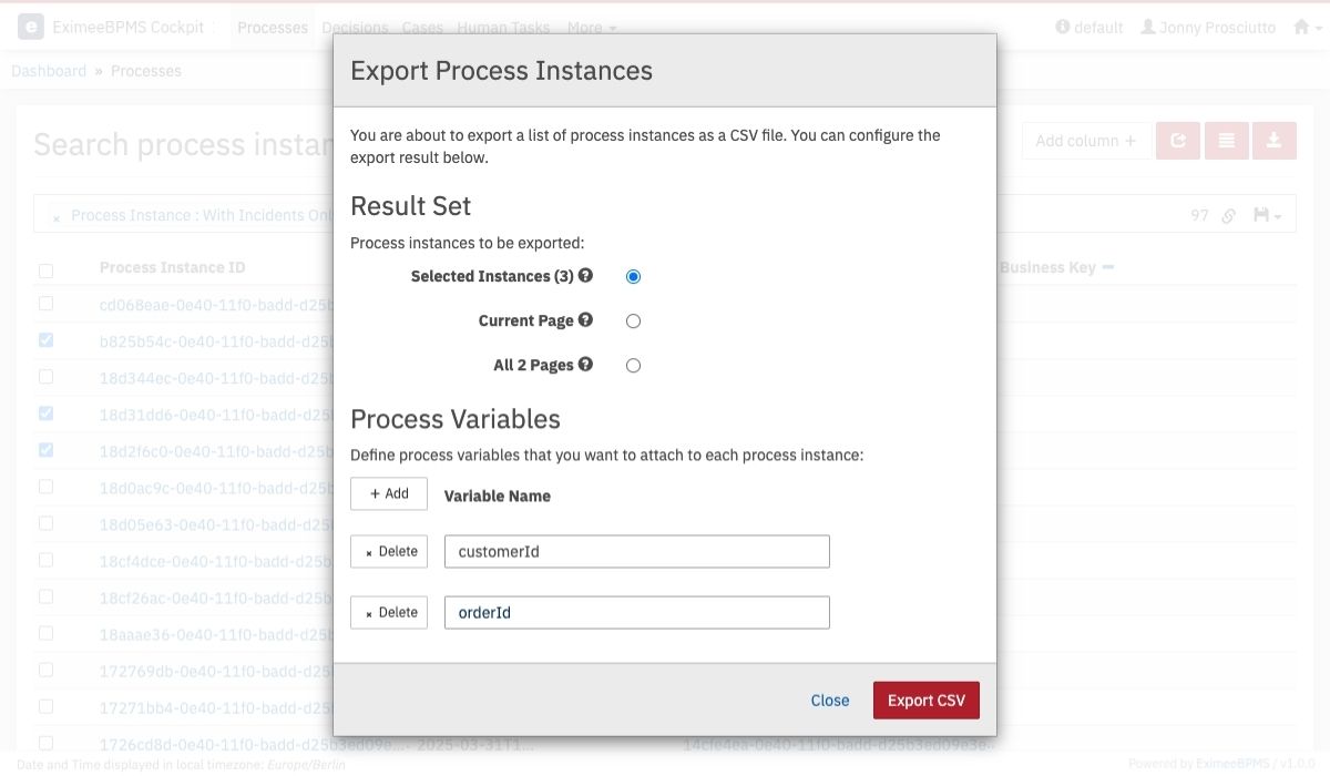 CSV Export for Process Instances: Modal Dialog